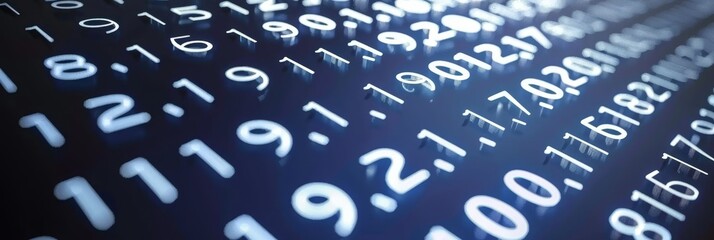 Glowing White Numbers on Dark Blue Diagonal Grid, Data Background, Abstract Technology Illustration