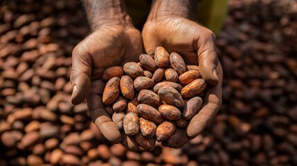 Dried cocoa beans collected on the palm against the background of dry cocoa beans. Hands holding freshly harvested raw cocoa beans. Cocoa (Theobroma cacao L.) is a cultivated tree in plantations