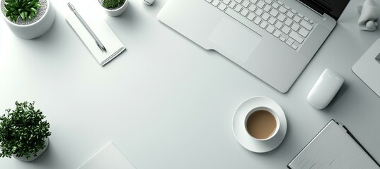 Poster - Top view laptop, coffee cup, and decoration plant with copy space. Generative AI technology.	
