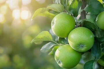 Green apples on tree ready to be harvested. Ripe green apple fruits in apple orchard. Selective focus. Generative Ai