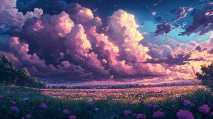Canvas Print - Thunderclouds field, anime style
