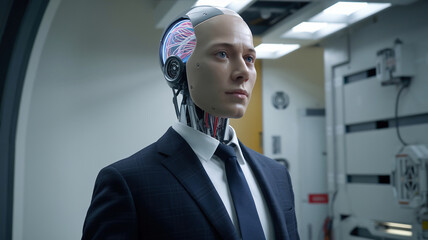 A cinematic photo of a robot with a nervous system made of AI. The robot has a human-like face and is wearing a suit. The background is a
futuristic laboratory with white walls and machinery.