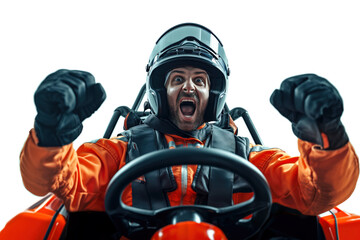 Race car driver celebrating with excitement. A man in a racing suit and helmet expresses victory while sitting in a race car, fists clenched and mouth open in a triumphant shout