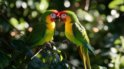 Wall Mural - Two parrots are sitting on a branch, one of which is yellow