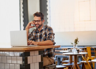 Canvas Print - Business, man and laptop with phone call in coffee shop for customer service, online management and networking. Entrepreneur, owner and smartphone in cafe for mobile stock order and communication