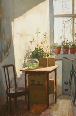  An oil painting of a peaceful interior scene featuring an empty table, a fishbowl, and a chair in the foreground. Behind them, plants rest on boxes against a white wall, with a bicycle leaning nearby