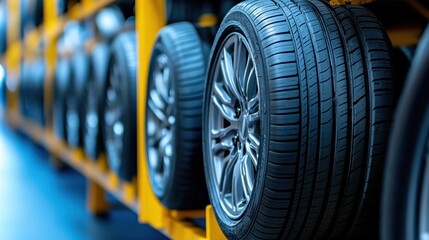 Wall Mural - Close-Up of a Tire on a Yellow Rack