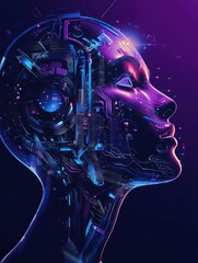 Poster - Digital head with circuits and neon colors in profile.