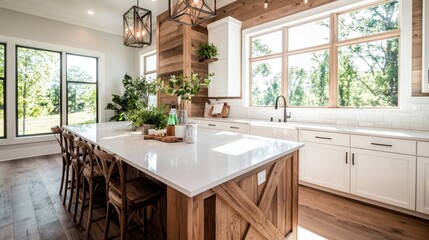 A rustic kitchen with a large island, farmhouse sink, and reclaimed wood accents