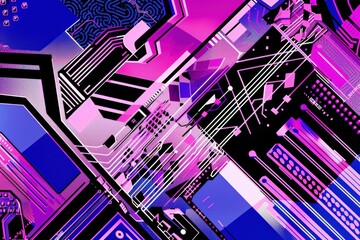 Abstract design with neon colors depicting a futuristic city and blockchain technology