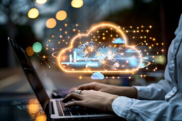 close-up of persons hands using laptop with glowing cloud computing icon, business, technology