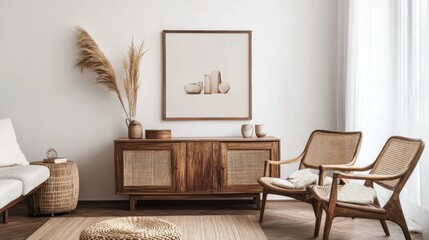 Poster - Minimalist Living Room with Wooden Accents