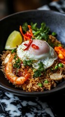 Wall Mural - Fried rice or Nasi Goreng with shrimps and fried egg on black plate. japanese food style
