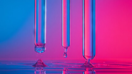 Canvas Print - Test tube row. Concept of medical or science laboratory, liquid drop droplet with dropper in blue red tone background, close up, macro photography picture