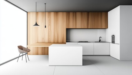 Wall Mural - An interior design sketch of a modern kitchen with an island and white cabinets, featuring wooden wall panels on the back walls