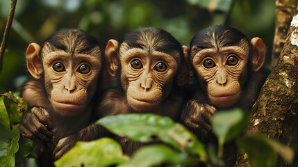 Curious Trio of Playful Primates in Lush Jungle Habitat