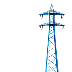 A tall blue electricity transmission tower against a clear background, symbolizing energy infrastructure and utility services.