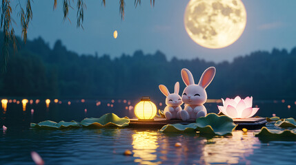 couple rabbit at the lake with full moon for mooncake festival