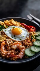 Wall Mural - Fried rice or Nasi Goreng with Shrimp, Chicken, Egg Topping and Prawn Crackers
