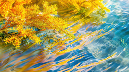 Vibrant close-up of a water surface reflecting yellow aquatic plants, creating a mesmerizing blend of colors and ripples.

