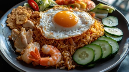 Wall Mural - Fried rice or Nasi Goreng with Shrimp, Chicken, Egg Topping and Prawn Crackers
