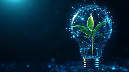 Abstract digital seedlings within a light bulb, representing agricultural innovation. The design features a blue color scheme against a dark tech backdrop. Presented in a low poly wireframe style.