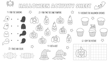 Canvas Print - Vector Halloween playmat for kids. Halloween activity sheet. Black and white worksheet.