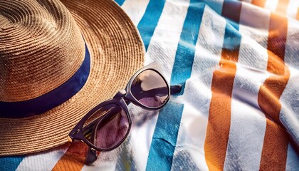 Wall Mural - Fashionable sunglasses and a hat on a striped beach towel