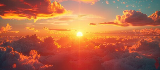 Poster - A stunning sunset with the sun partly hidden by clouds casting a vibrant orange and yellow radiance Ideal for a copy space image