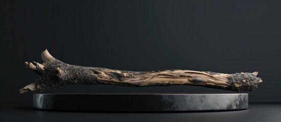 Leinwandbilder - Display stand showcasing cosmetics or products on a dark background with a wooden textured dried snag providing a striking copy space image