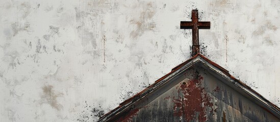 Poster - A cross depicted on the roof of a church with copy space image available