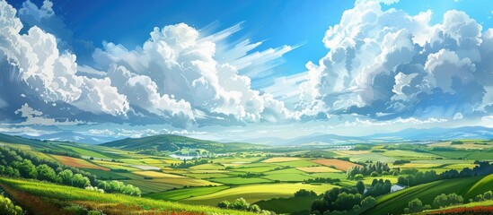 Scenic view with a picturesque landscape featuring a blue sky fluffy white clouds and vibrant green and yellow farmland with copy space image