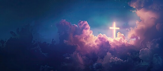 Poster - Christian symbol a glowing cross in the sky with copy space image