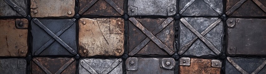 Rustic Metal Grate Patterns, seamless textures of aged metal grates featuring deep browns and muted oranges, ideal for industrial backgrounds and minimalist designs