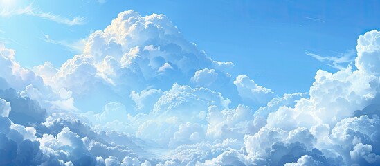 Poster - Sunny blue sky with fluffy white clouds creates a picturesque background with room for text near the sunny cumulus clouds. Creative banner. Copyspace image