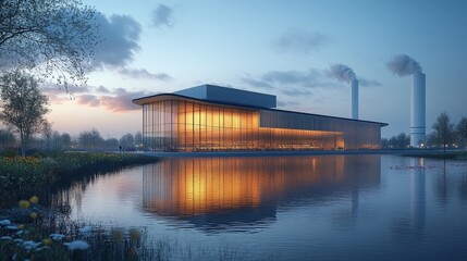 Wall Mural - A zero energy manufacturing plant reflects in the water during dusk, surrounded by trees and smoke stacks.