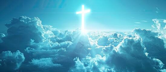 Poster - Christian symbol a glowing cross in the sky with copy space image