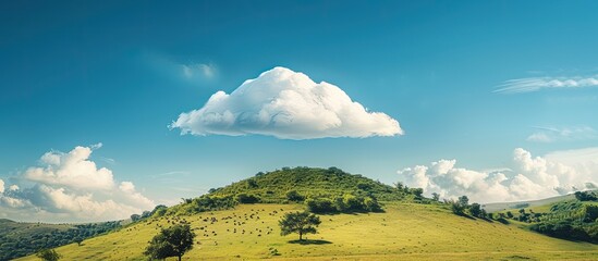 Wall Mural - A picturesque landscape with a wispy long white cloud floating in a blue sky over a tree filled hill creating a perfect nature backdrop for a copy space image