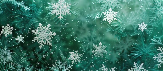 Leinwandbilder - Numerous gorgeous snowflakes set against a green backdrop in a copy space image