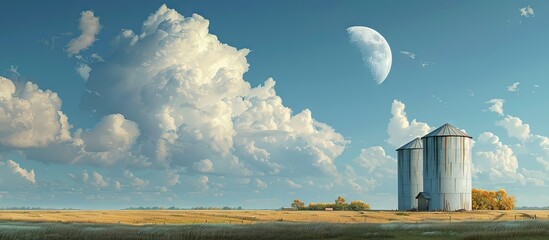 Poster - A rural setting featuring four silos a pasture a blue sky with clouds and a moon with available copy space for additional content