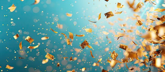 Poster - Top view of golden confetti on a colorful background with copy space image