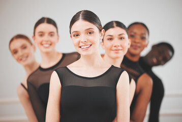 Poster - Ballerina, girl and portrait with group in dance studio for performance art, teamwork and solidarity. Ballet, friends and smile with diversity at academy for theater production, lesson and support