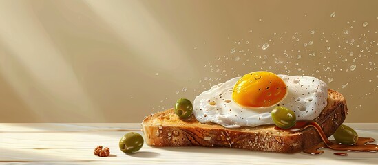 Aufkleber - An enticing image of a fried egg on toast with a variety of spreads including olives and jam set against a plain background with ample space for text