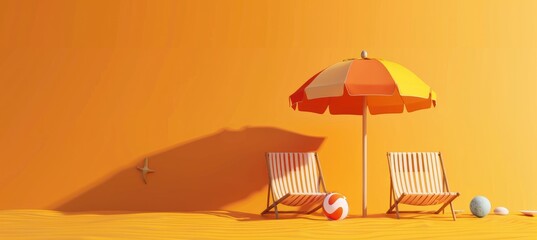 Wall Mural - two beach chairs with parasol on lush orange summer background , generative ai