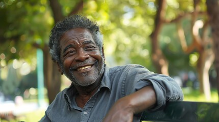 An older Black man with grey hair and a beard smiles warmly at the camera while sitting on a bench in a park.