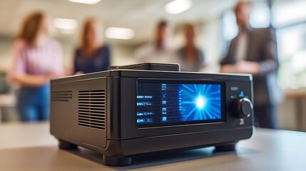 Business presentation with projector, office workers presenting, realistic daylight close-up.