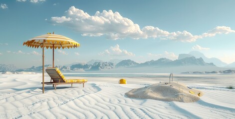 Wall Mural - beach umbrella with chairs on the sand. summer vacation concept. 3d rendering