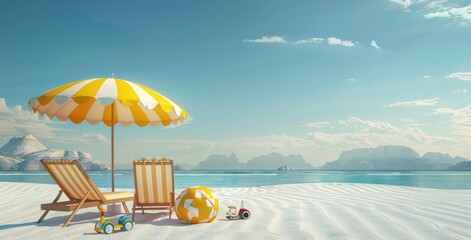 Wall Mural - beach umbrella with chairs on the sand. summer vacation concept. 3d rendering