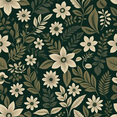 Vintage Green Botanical Pattern Hand-Drawn Floral Wallpaper Pattern Illustration