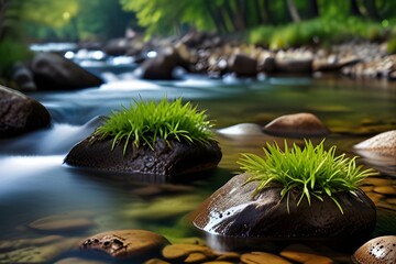 spring forest nature landscape, beautiful spring stream, river rocks in mountain forest Generative AI